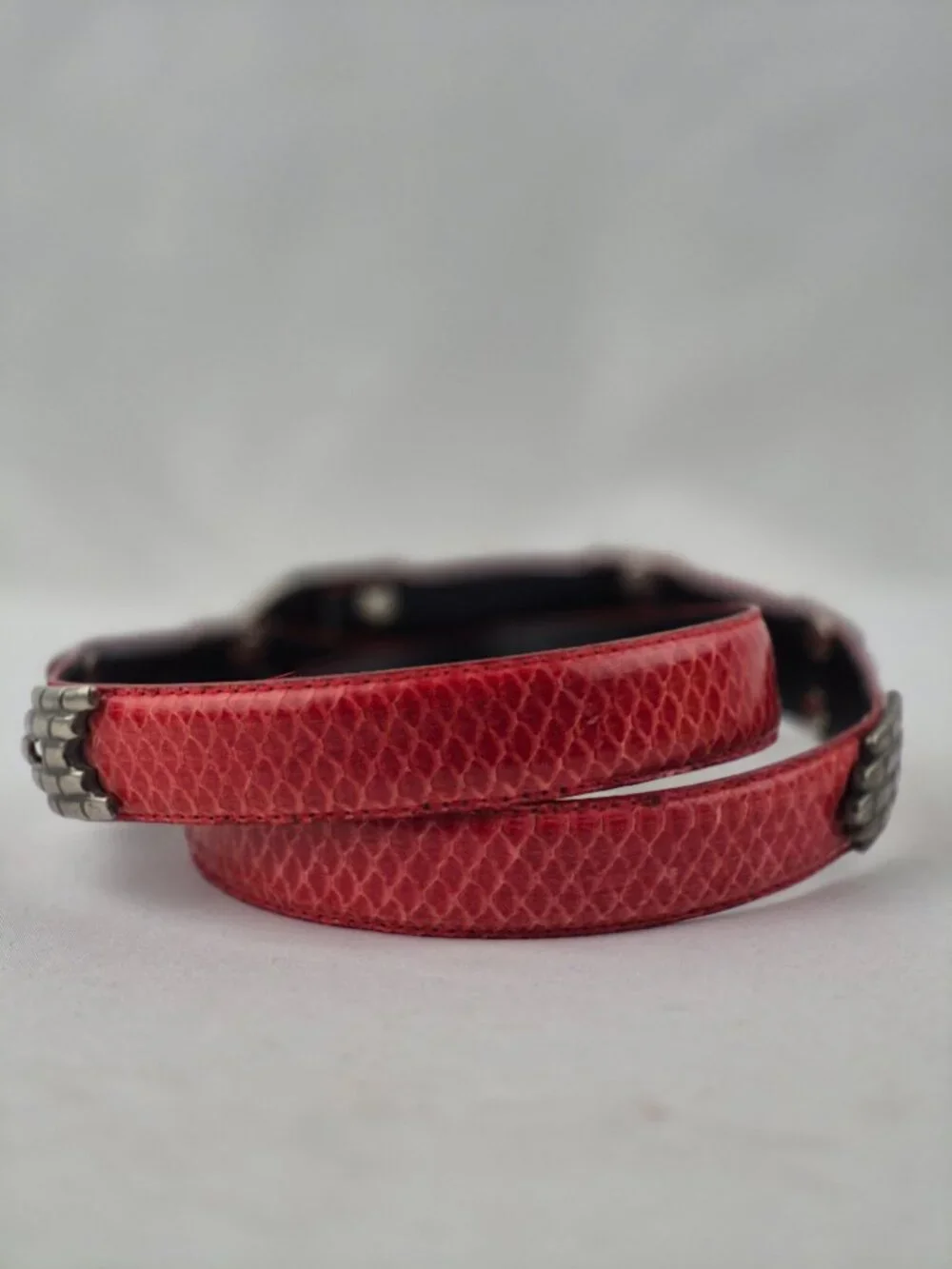 Vintage Morgan Taylor Red Snakeskin Belt Silver-Tone Metal Snake Head & Tail Med